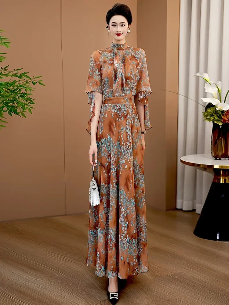 FADFAD Gaun wanita panjang gaya retro lengan pendek gaya elegan terbaru