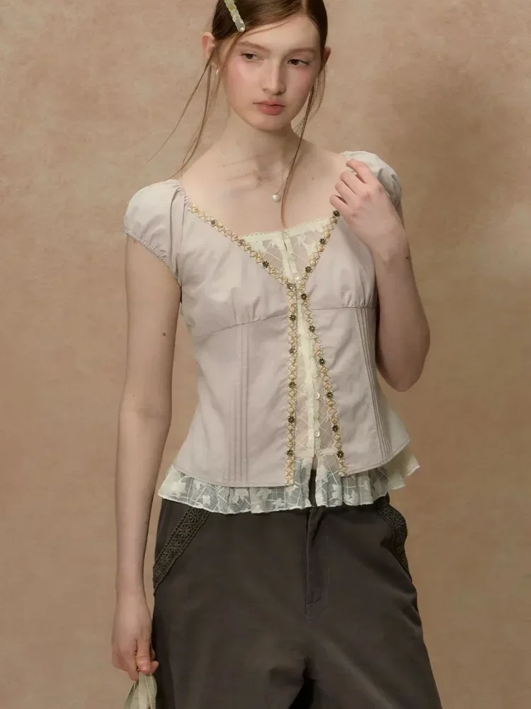 CHICMORE Atasan wanita lengan pendek dengan kerah v neck variasi elegant