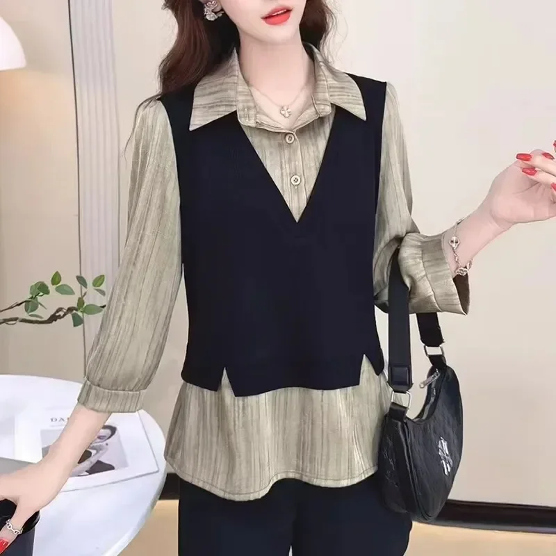 FADFAD Atasan wanita lengan panjang model dua potong palsu manis