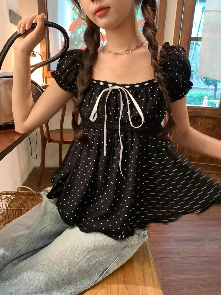 CHICMORE Atasan kemeja lengan pendek motif polkadot dan korean style