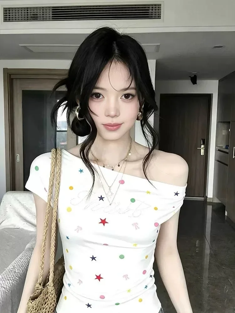 ASAYA Atasan fitted motif cetak kekinian kerah one shoulder korea style