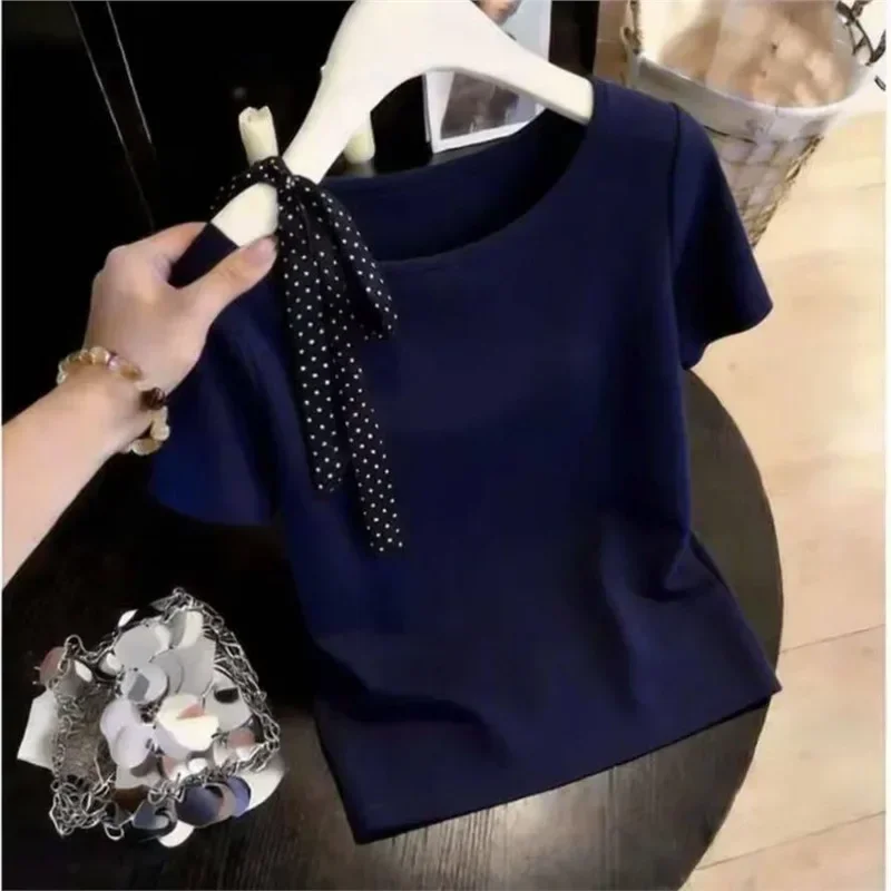 ASAYA Kaos lengan pendek motif polos hiasan polkadot seksi bergaya retro
