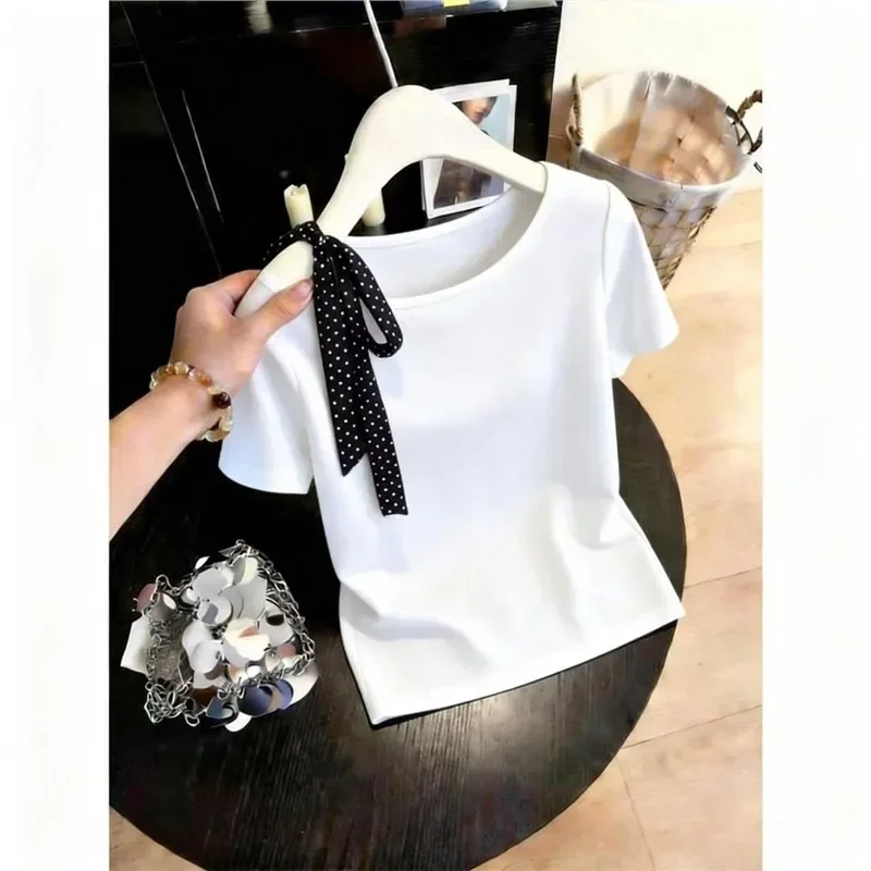 ASAYA Kaos lengan pendek motif polos hiasan polkadot seksi bergaya retro