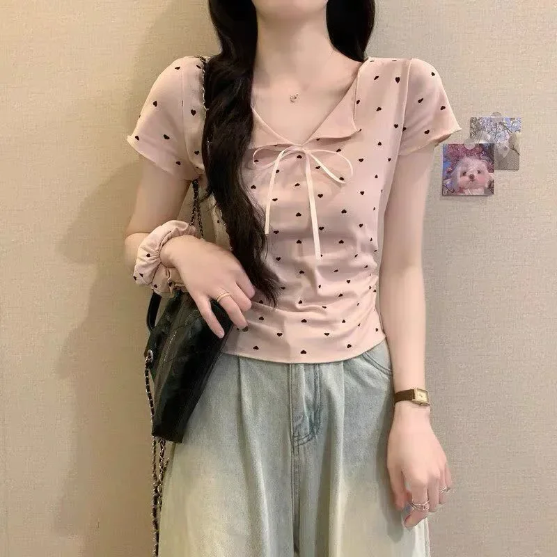 ASAYA Atasan wanita motif cetak unik dengan kerah pita manis dan lengan pendek