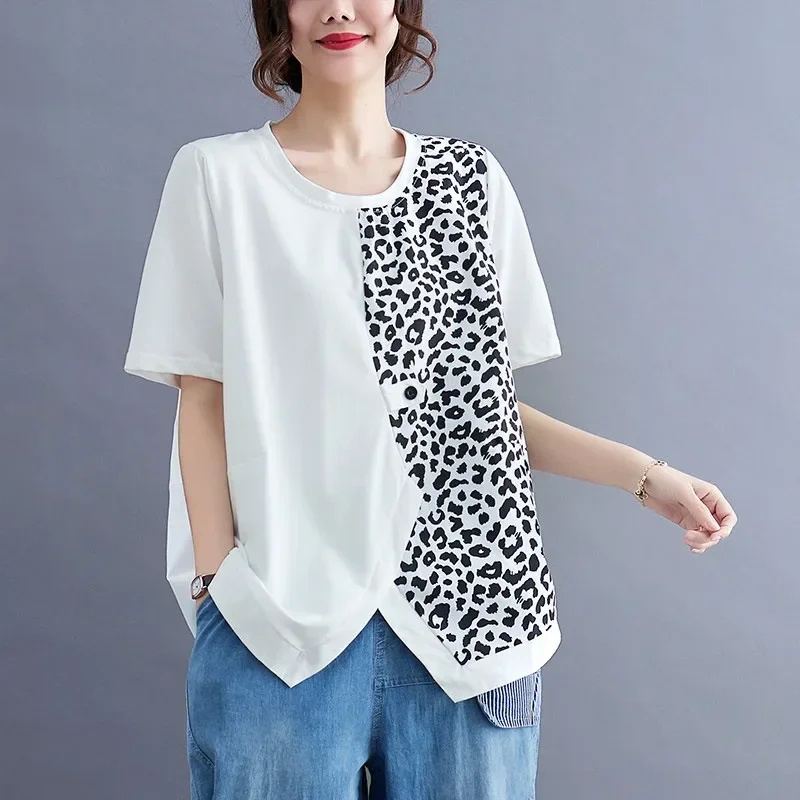 ASAYA Kaos wanita desain kontras motif leopard lengan pendek