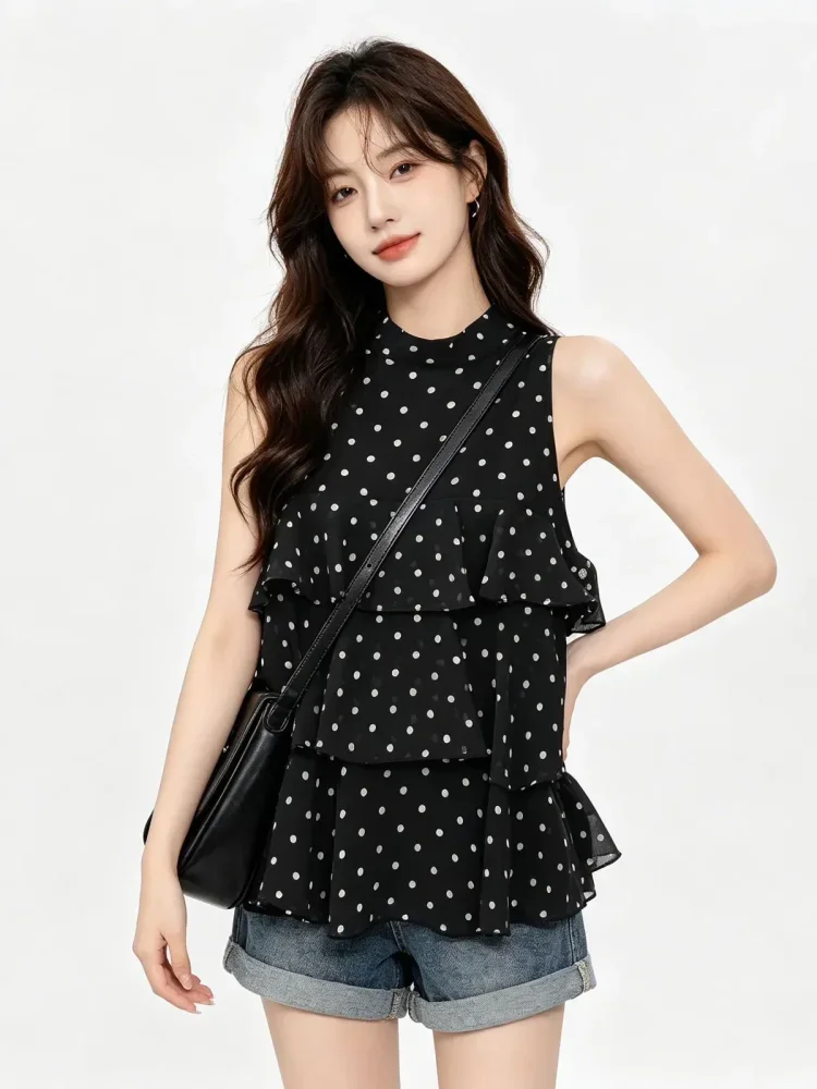 CHICMORE Atasan kemeja tanpa lengan dengan gaya baru dan motif polkadot