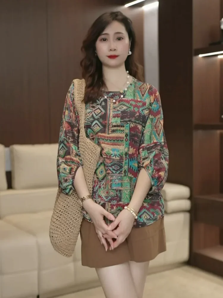 ASAYA Atasan blouse wanita motif cetak retro tribal lengan tiga perempat