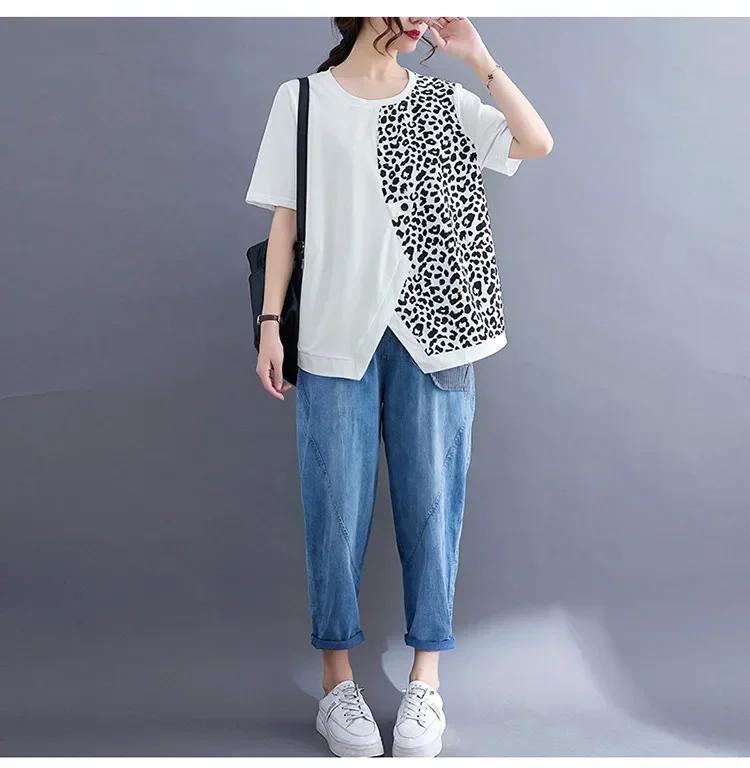 ASAYA Kaos wanita desain kontras motif leopard lengan pendek