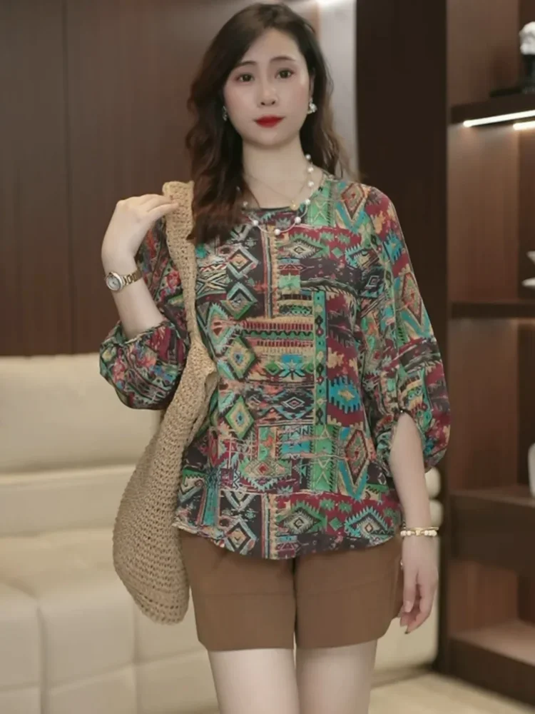 ASAYA Atasan blouse wanita motif cetak retro tribal lengan tiga perempat
