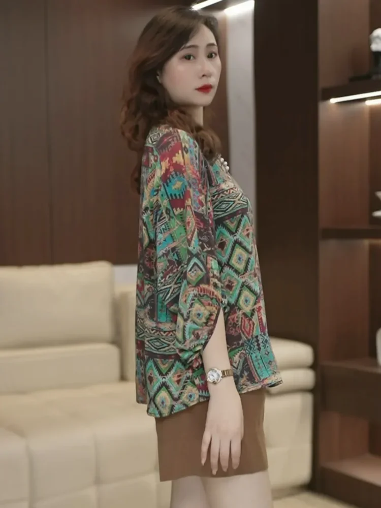 ASAYA Atasan blouse wanita motif cetak retro tribal lengan tiga perempat