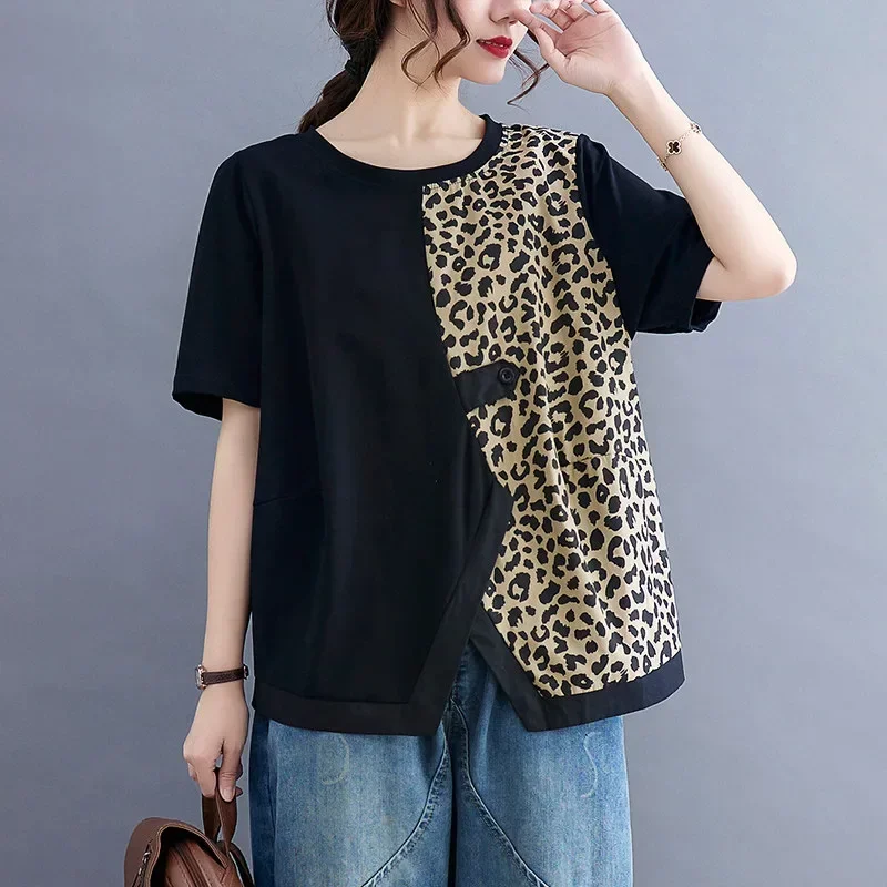 ASAYA Kaos wanita desain kontras motif leopard lengan pendek