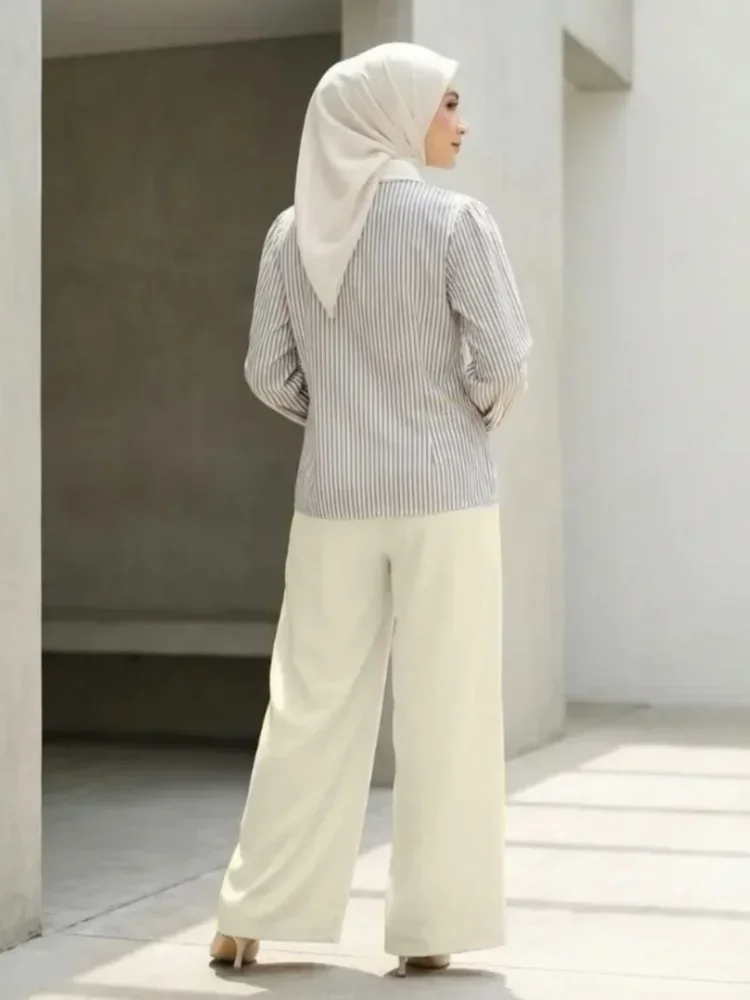ASAYA Setelan atasan wanita lengan panjang dengan motif garis dan celana longgar polos