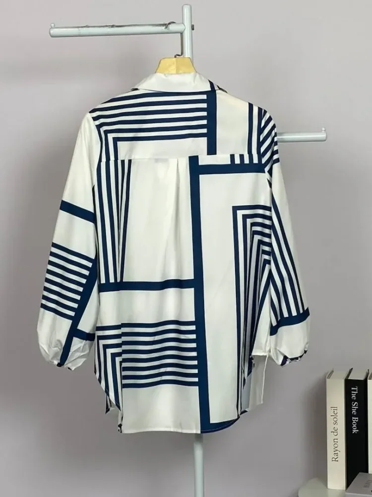 ASAYA Atasan gaya retro kerah v model longgar motif cetak untuk wanita