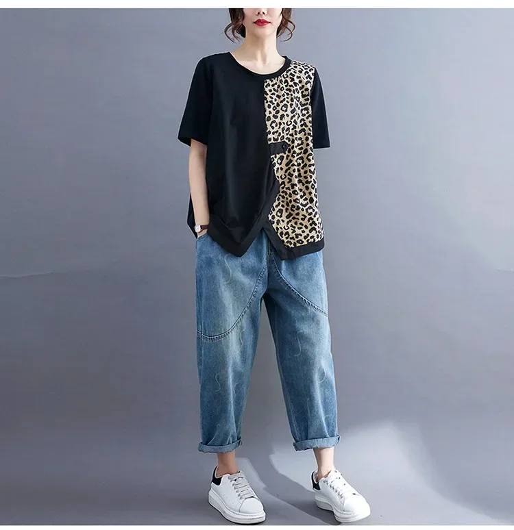 ASAYA Kaos wanita desain kontras motif leopard lengan pendek