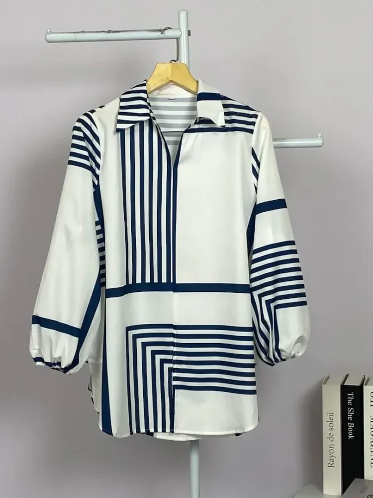 ASAYA Atasan gaya retro kerah v model longgar motif cetak untuk wanita