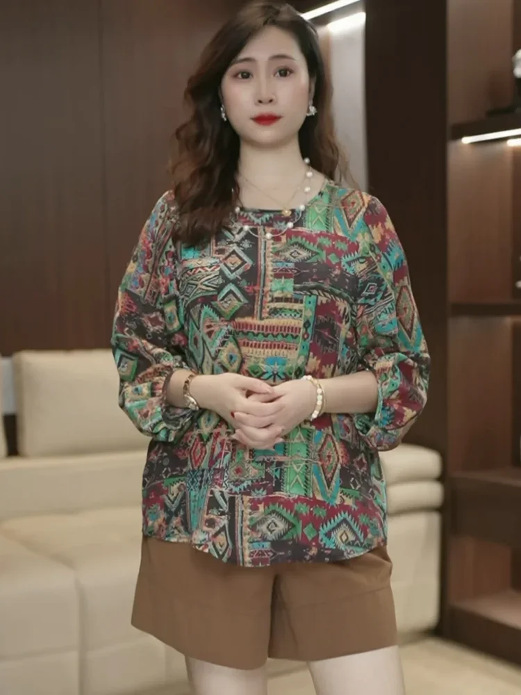 ASAYA Atasan blouse wanita motif cetak retro tribal lengan tiga perempat
