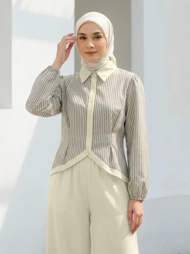 ASAYA Setelan atasan wanita lengan panjang dengan motif garis dan celana longgar polos