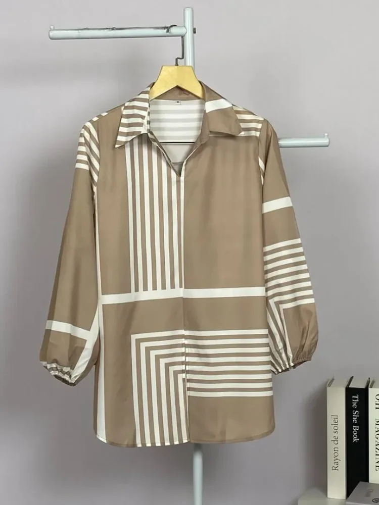 ASAYA Atasan gaya retro kerah v model longgar motif cetak untuk wanita