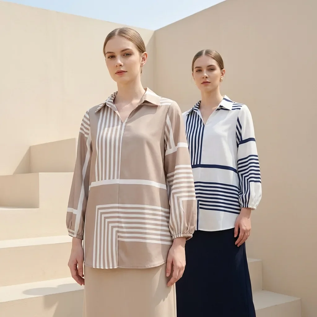 ASAYA Atasan gaya retro kerah v model longgar motif cetak untuk wanita