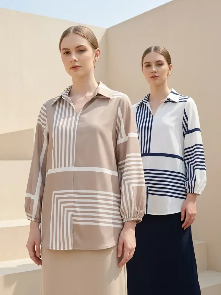 ASAYA Atasan gaya retro kerah v model longgar motif cetak untuk wanita