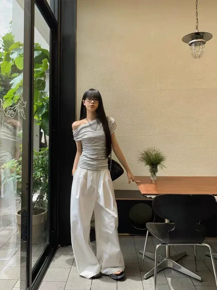 ASAYA Atasan wanita lengan pendek dengan kerah off shoulder motif bergaris