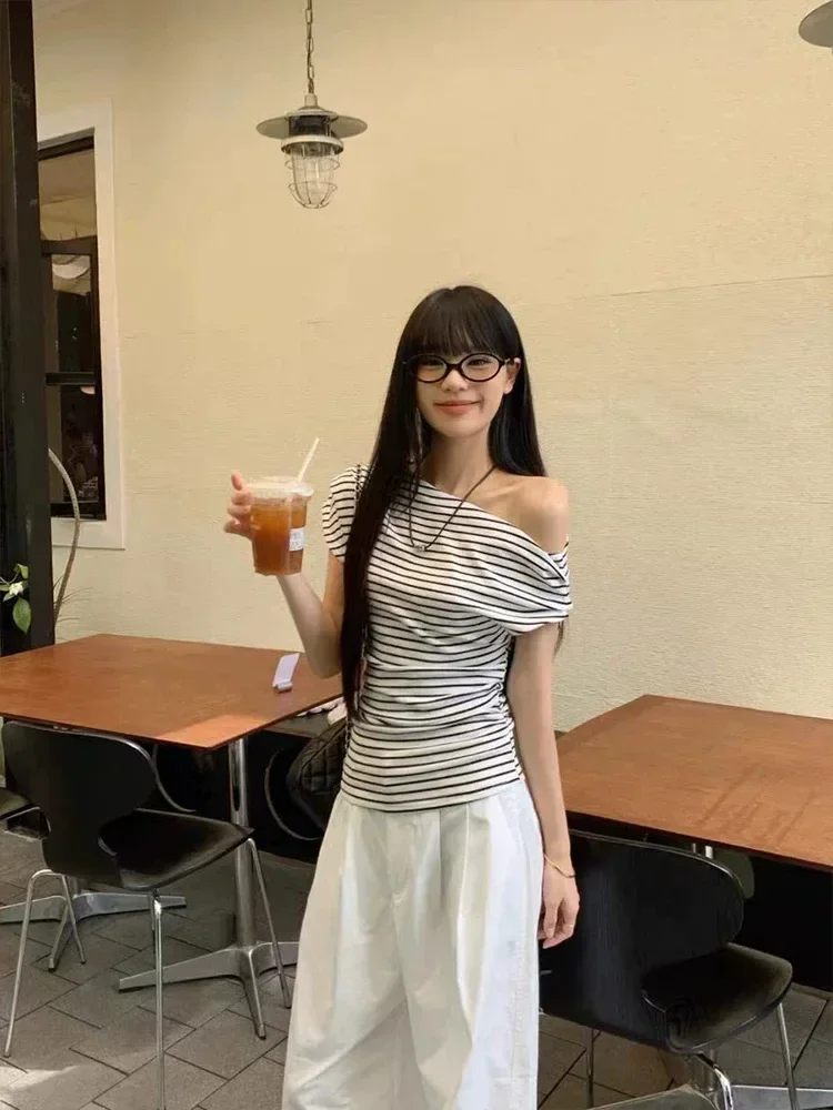ASAYA Atasan wanita lengan pendek dengan kerah off shoulder motif bergaris