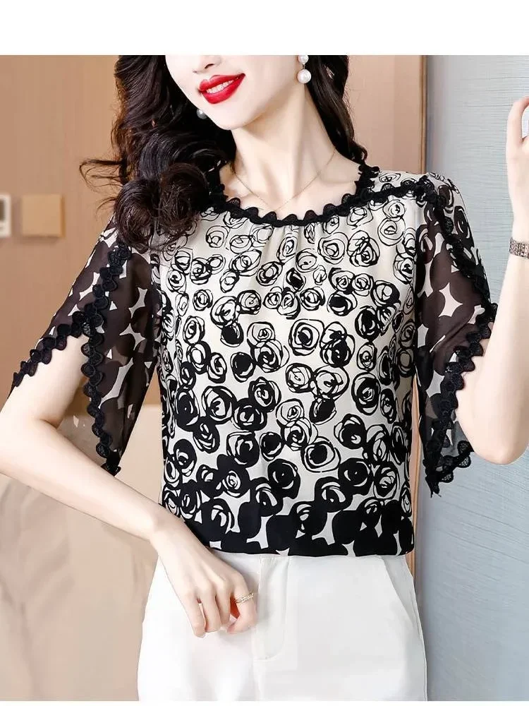 FADFAD Atasan blus lengan pendek motif mewah terbaru untuk wanita