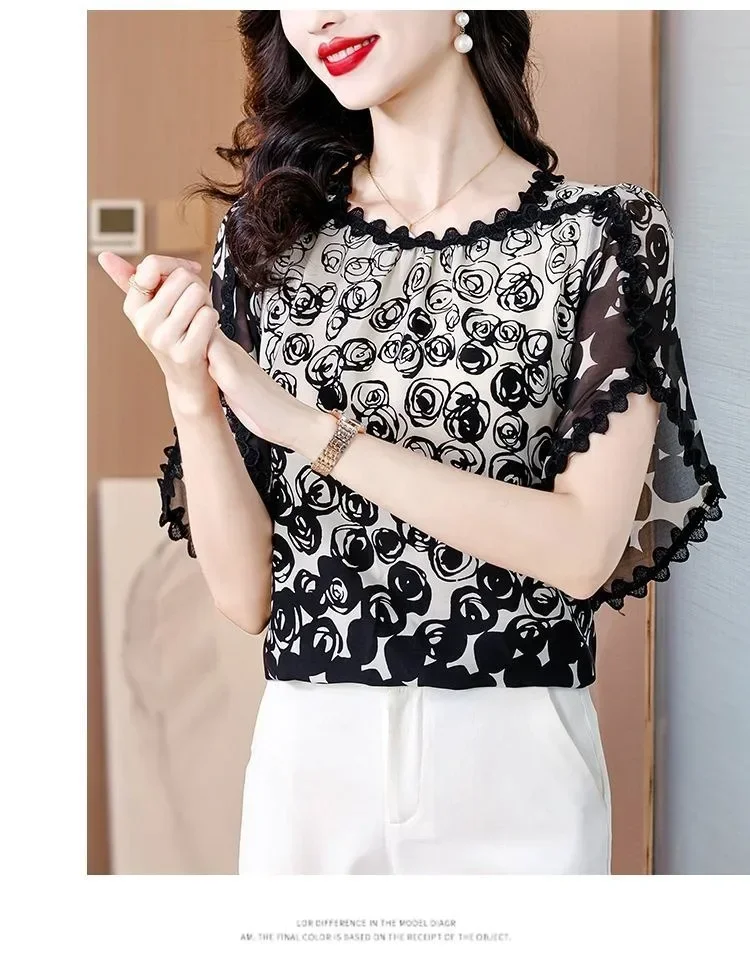 FADFAD Atasan blus lengan pendek motif mewah terbaru untuk wanita