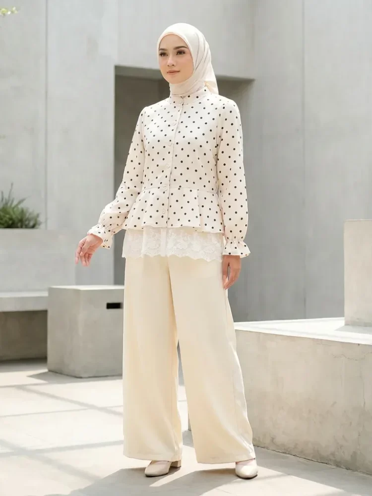 CHICMORE Polka lace shirt paired with solid colored pants
