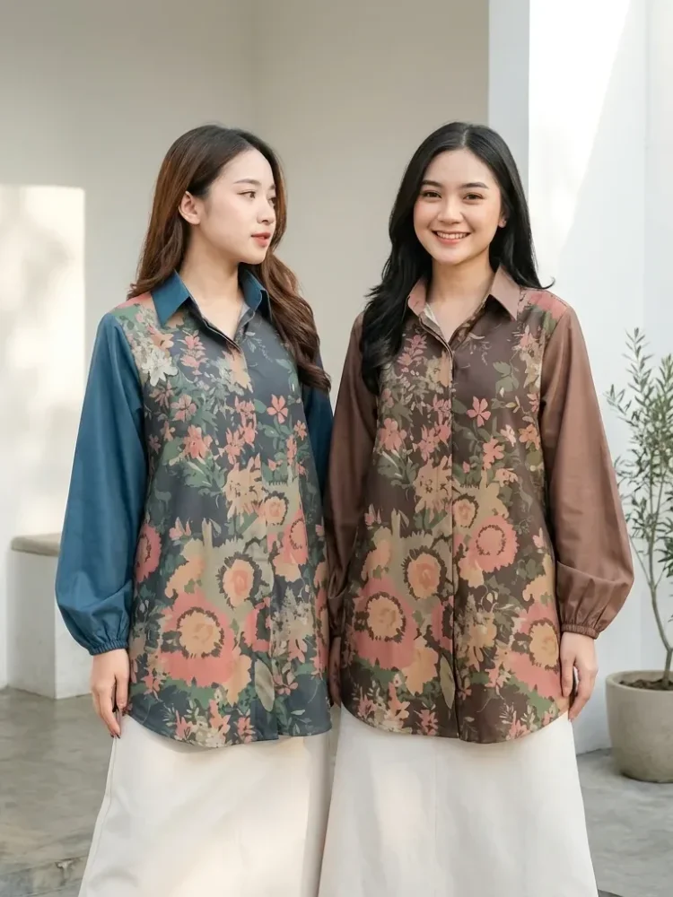 ASAYA Atasan gaya retro kerah v model longgar motif cetak untuk wanita