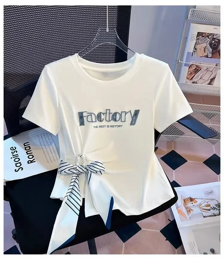 FADFAD Atasan kaus wanita lengan pendek desain retro berpita