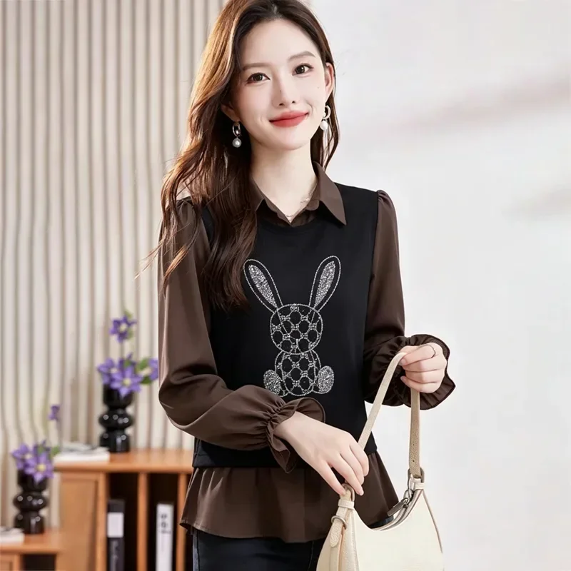 FADFAD Atasan motif cetak lengan panjang gaya kasual untuk wanita stylish