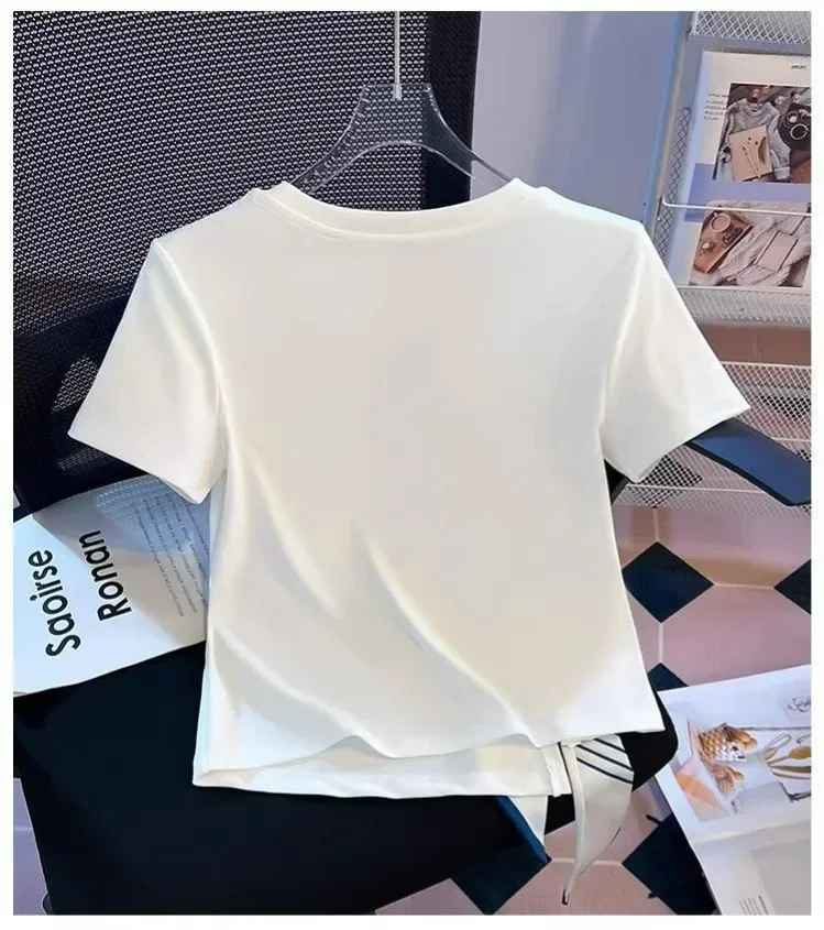 FADFAD Atasan kaus wanita lengan pendek desain retro berpita