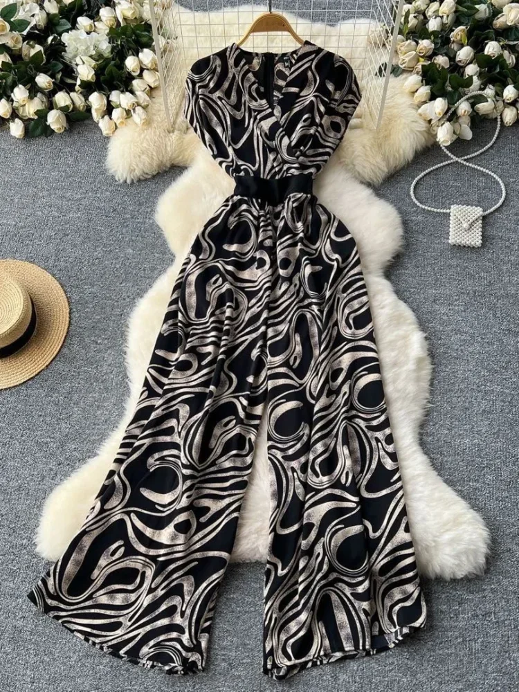 FADFAD Jumpsuit wanita kelas atas motif cetak unik dengan lengan pendek bergaya trendi