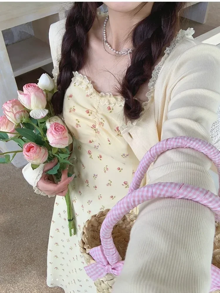 CHICMORE Setelan dua potong wanita cantik cardingan dan gaun elegan cantik gaya elegan