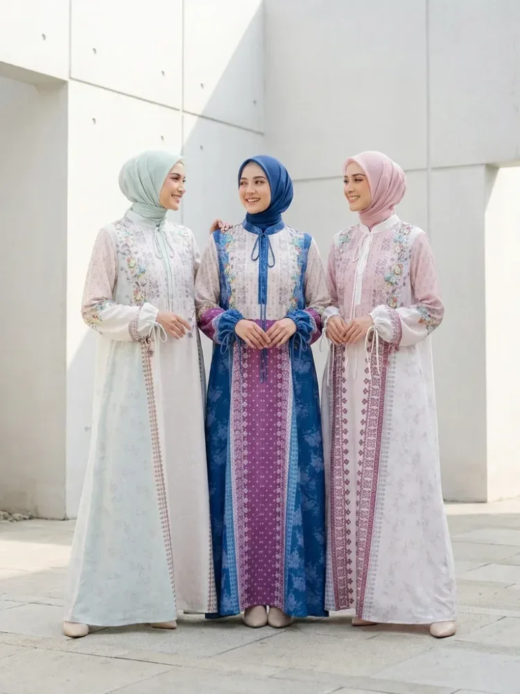 ASAYA Gamis kemeja motif bunga lembut lengan kombinasi - dress muslimah syar'i longgar nyaman untuk sehari-hari