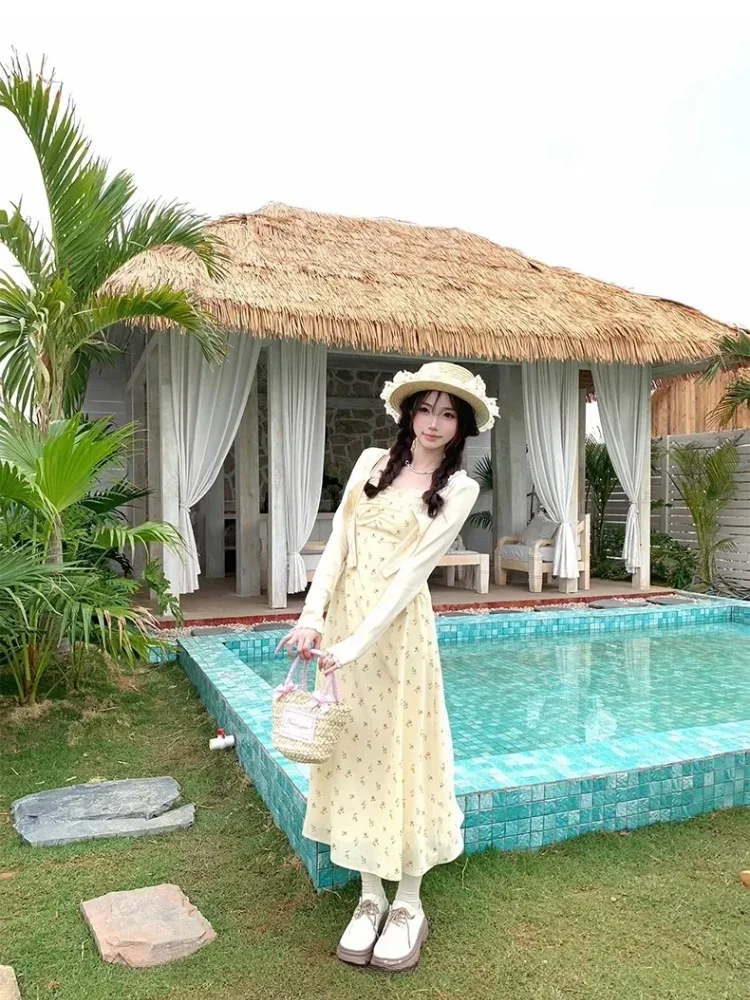 CHICMORE Setelan dua potong wanita cantik cardingan dan gaun elegan cantik gaya elegan