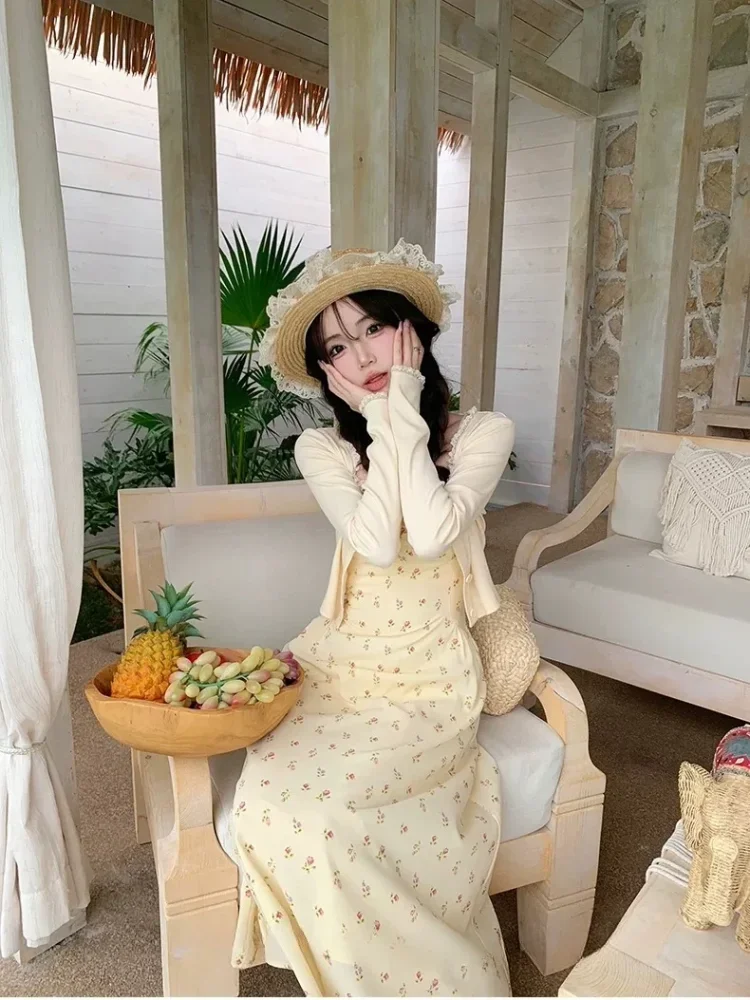 CHICMORE Setelan dua potong wanita cantik cardingan dan gaun elegan cantik gaya elegan