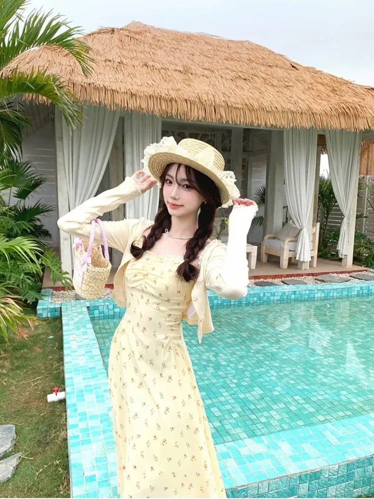 CHICMORE Setelan dua potong wanita cantik cardingan dan gaun elegan cantik gaya elegan