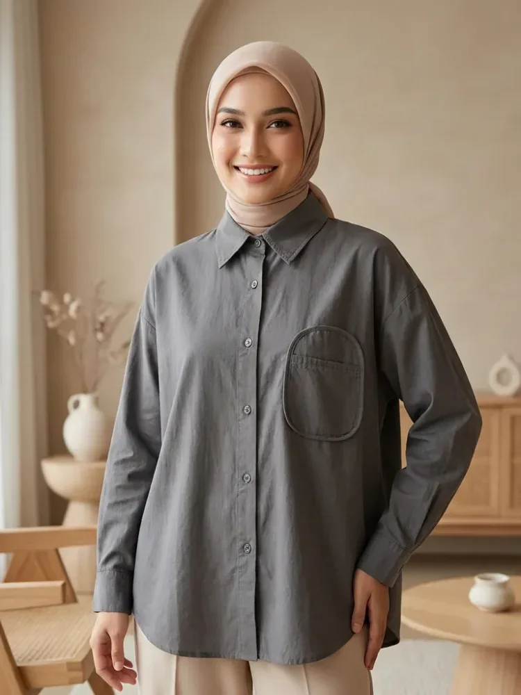 ASAYA Kemeja pakaian wanita kerah polo warna solid gaya kasual kekinian
