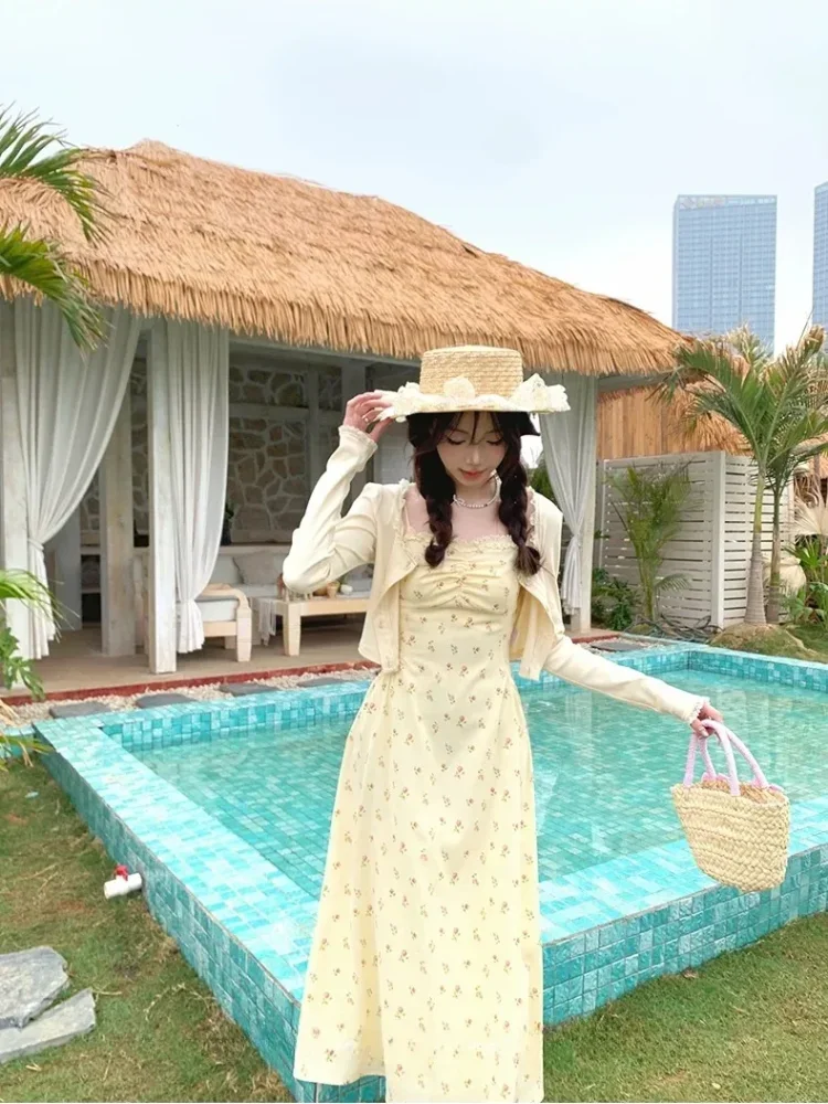 CHICMORE Setelan dua potong wanita cantik cardingan dan gaun elegan cantik gaya elegan