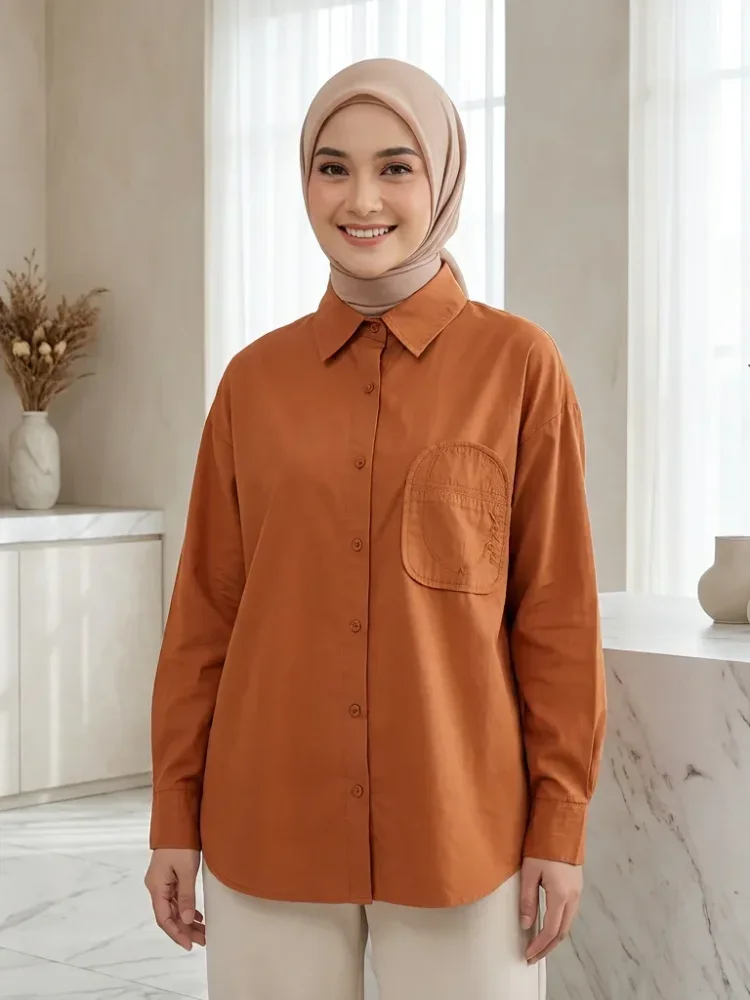 ASAYA Kemeja pakaian wanita kerah polo warna solid gaya kasual kekinian