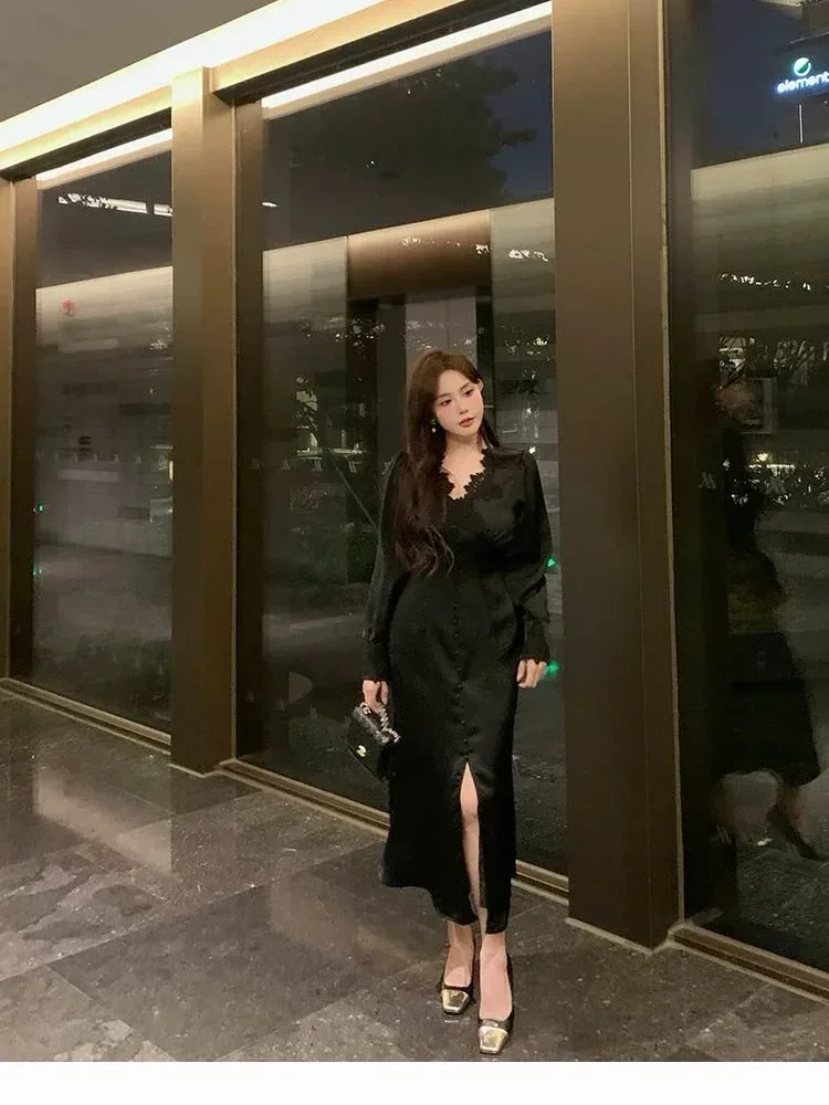 FADFAD Gaun elegan legan panjang kerah v neck beragaya aanggun