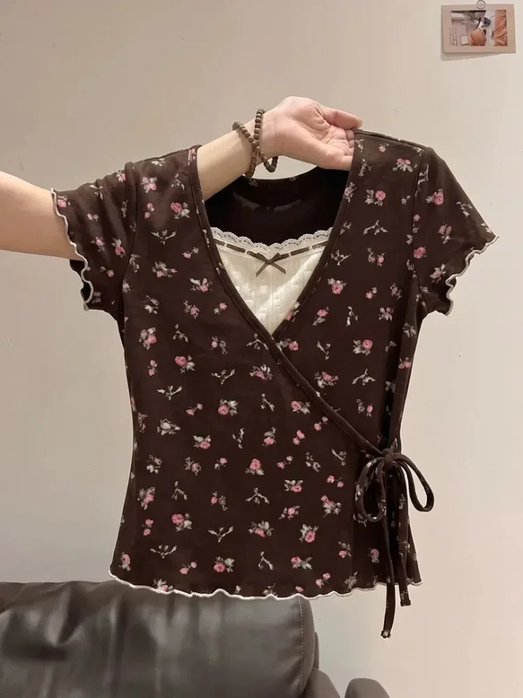 CHICMORE Atasan blouse lengan pendek motif cetak bergaya kekinian korea