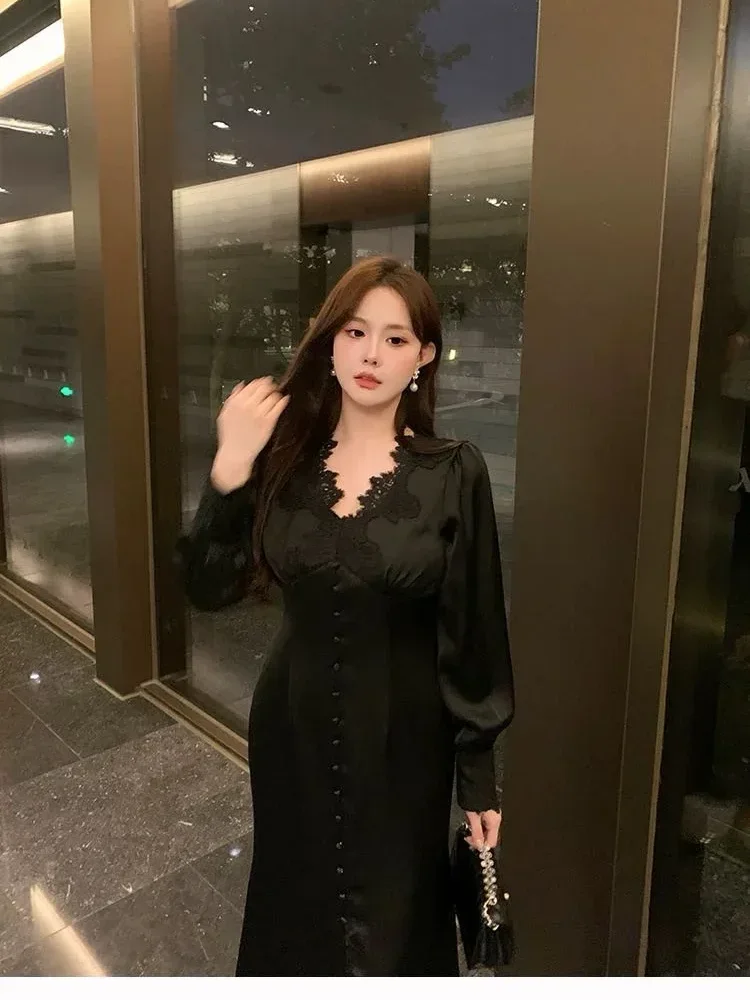 FADFAD Gaun elegan legan panjang kerah v neck beragaya aanggun