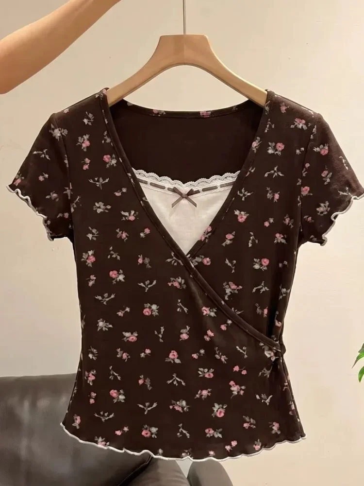 CHICMORE Atasan blouse lengan pendek motif cetak bergaya kekinian korea
