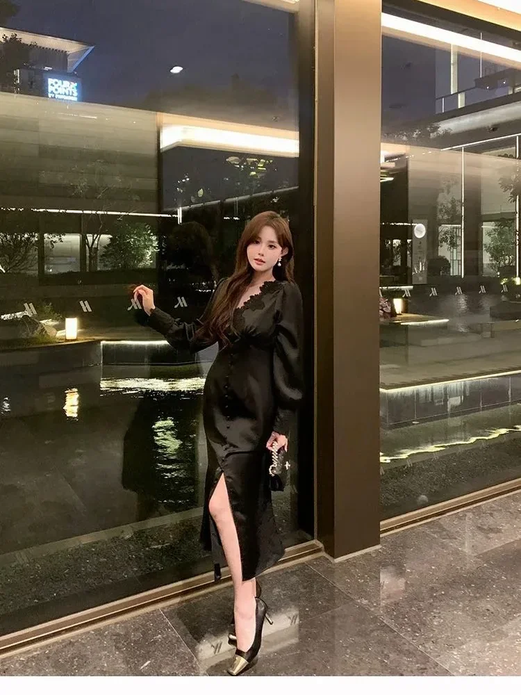 FADFAD Gaun elegan legan panjang kerah v neck beragaya aanggun