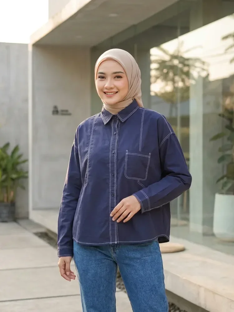 ASAYA Kemeja wanita kasual lengan panjang model minimalis