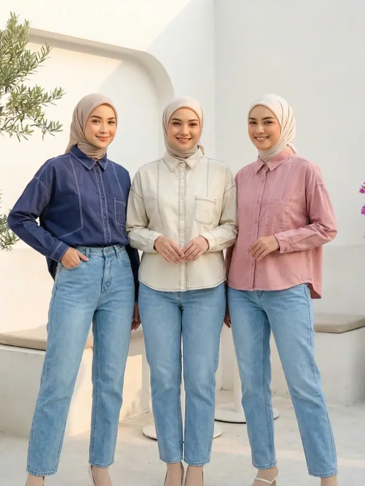 ASAYA Kemeja wanita kasual lengan panjang model minimalis