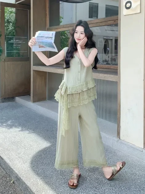 CHICMORE Setelan dua potong atasan tanpa lengan leher v dan celana panjang wanita